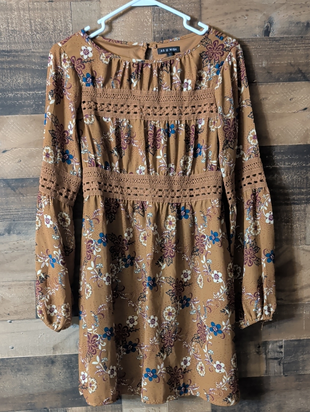 As U Wish Mustard Floral Crochet-Trim Long Sleeve Dress